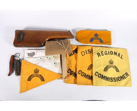 German Mauser C96 Pistol or 'Broom Handle Mauser' wooden stock (no pistol), a military issue multi tool, Civil Defence pennan