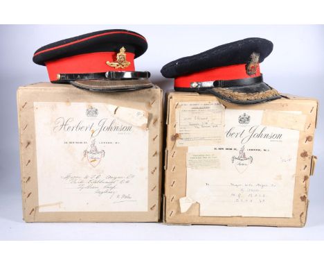 British Army uniform, a black and red peaked cap, the interior label by Alkit of London, size 7 1/4, with bullion wire trim a