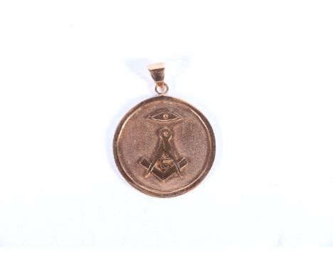 Masonic pendant medal with compass and all seeing eye, the loop stamped '585', possibly 14ct gold, 18.2g, 38mm diameter. 