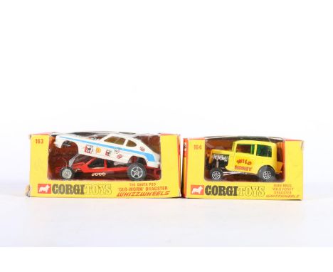 Corgi Toys diecast model vehicles including 163 The Santa Pod Glo-Worm Dragster Whizzwheels and 162 Ison Brothers Wild Honey 