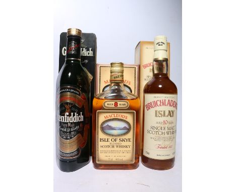 BRUICHLADDICH 10 year old Islay single malt Scotch whisky, old style bottling, 40% abv. 70c, GLENFIDDICH pure malt special ol