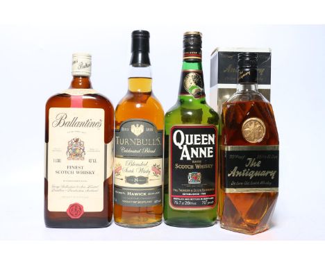 Four bottles of blended Scotch whisky to include BALLANTINE’S blended Scotch whisky, 43° proof 1litre. THE ANTIQUARY blended 