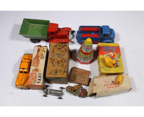 Triang Minic No2 Taxi clockwork plastic model boxed, a Lines Brothers metal truck, a Penguin plastic model truck, Italian clo