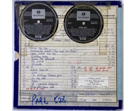 A reel of 1/4" Emitape in Emitape box with handwritten labels, being the original UK made EMI production master tape issued t