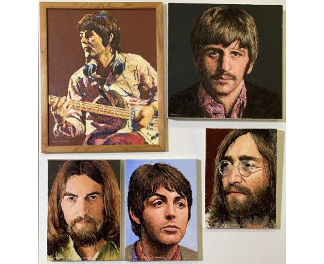 Five Simon Birtall portrait paintings of the members of The Beatles, 2x Paul McCartney paintings, a John Lennon, a Ringo Star