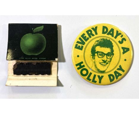 Beatles and related ephemera: an original Savile Row address matchbook (opened/unstuck), a Buddy Holly week badge. Provenance