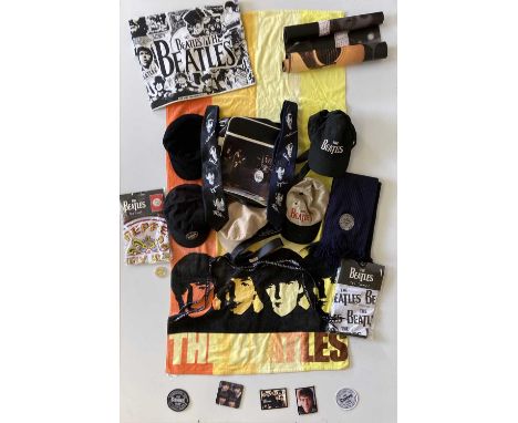 Beatles branded clothing and accessories: a tote bag, Character World 2008 official beach towel, five caps, scarf, two sealed