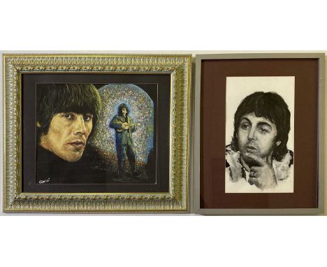 Two paintings by Granelli, a watercolour of George Harrison called 'Seed from the Cavern' and a mixed media portrait painting