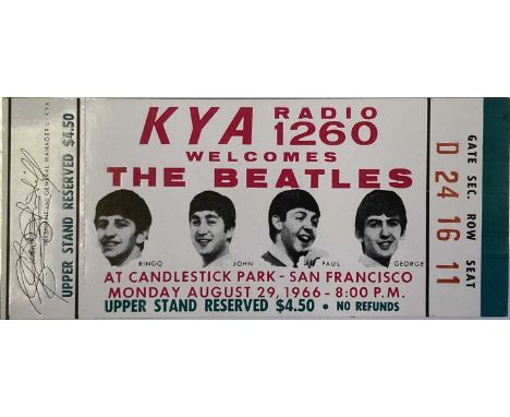 An original, unused ticket for the Beatles performance at Candlestick Park, San Francisco in August 1966. Measures 14.5 x 6.5