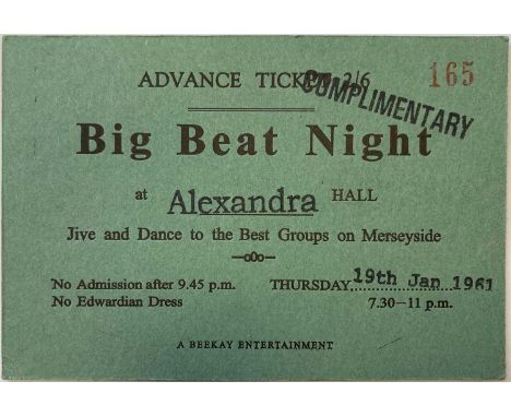 An original printed card ticket for a 'Big Beat Night' at Alexandra Hall, Liverpool. The Beatles performed at this event. Dat