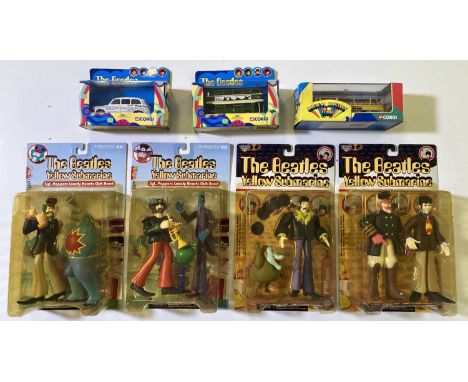 A collection of The Beatles toys to include four unopened sealed McFarlane Yellow Submarine Sgt. Peppers Lonely Hearts Club B