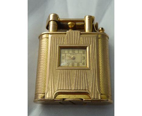 A Dunhill Deco 9ct gold lighter watch, circa 1920s, engine turned cased signed Dunhill and hallmarked 375, H.7.5cm