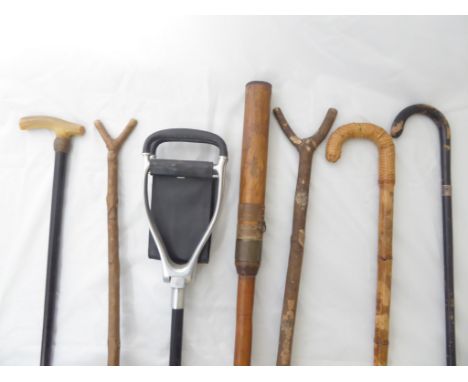 A collection of sticks and canes to include a silver collared example, bone handled example and a Bentley leather shooting st