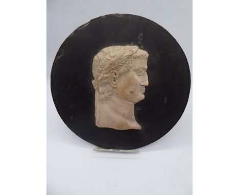A marble carved portrait of a Roman, mounted on a slate plaque bearing inscription to verso. Diameter 20.5cm