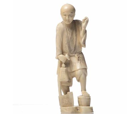 JAPANESE CARVED IVORY FIGURE OF A WOODSMAN
circa 1890-1910, modelled as a man with on foot up on a basket with an axe at his 