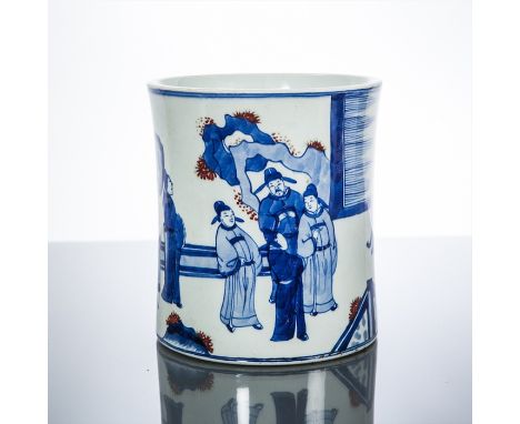 CHINESE CERAMIC BRUSH POT
with figural decoration, leaf mark to base, 15cm high 