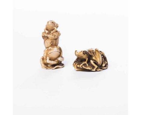 TWO JAPANESE IVORY NETSUKE OF TOADS
unsignedm 4.5cm and 4cm long 