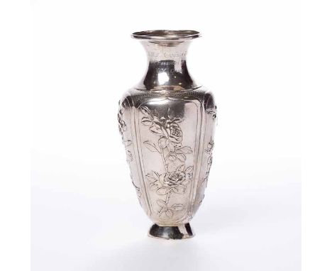 CHINESE SILVER VASE
with panels of floral decoration in relief, inscribed to the neck, 15cm high 