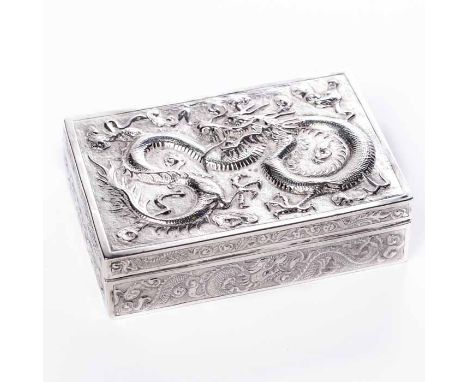 CHINESE SILVER CIGARETTE BOX
maker Luen Wo, Shanghai circa 1890-1910, embossed on all four sides and lid with figural scenes 