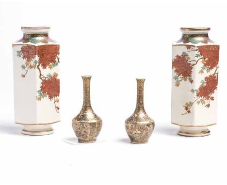 TWO PAIRS OF JAPANESE SATSUMA VASES
the first pair of hexagonal form, mark to base, 16cm high, the second pair with figural d