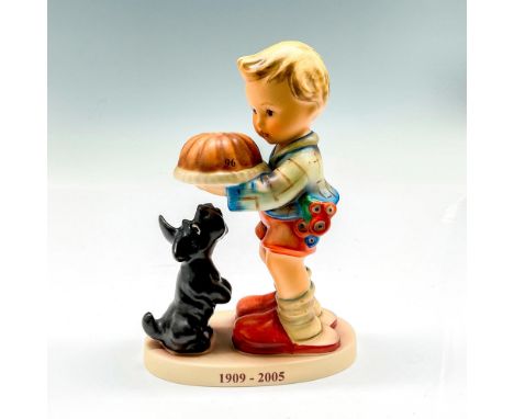 Hand painted figural holding a cake while his dog tries to sniff it. Marked Limited Edition 96. Goebel backstamp. Hummel impr