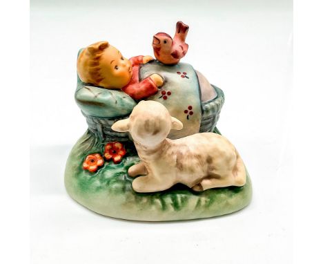 Hand painted scene of baby in bed with bird and lamb looking on. Colored in soft blue, green and orange. Goebel backstamp. Hu