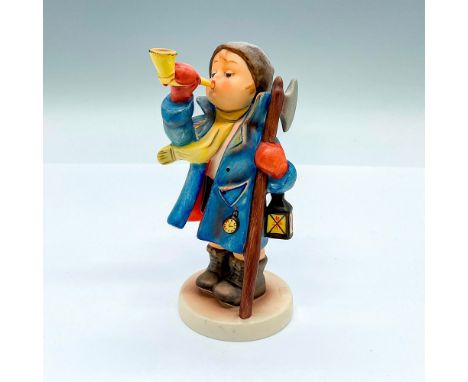 Hand painted figure of a young boy with lantern and long handle axe, blowing a horn. Goebel backstamp. Artist: M.I. HummelIss