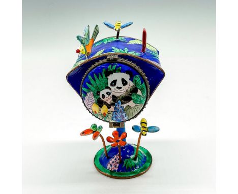 Vibrant blue and green coloration on this whimsical desk item. Enamel over metal is adorned with pandas on front door panel, 