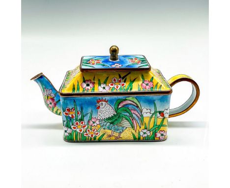 Enamel over metal brightly colored design in yellow, blue and pink accented with rooster in a field of flowers. Kevin Chen ba