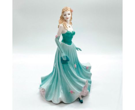 Hand decorated bone china figure depicting lady in a teal gown adorned with pink roses and matching gloves and handbag; gold 