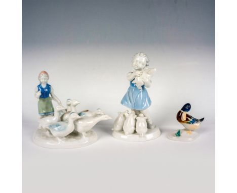 Three vintage German porcelain figurines in excellent condition: E&amp;R girl with geese, Gerold Porzellan girl with pigs, an