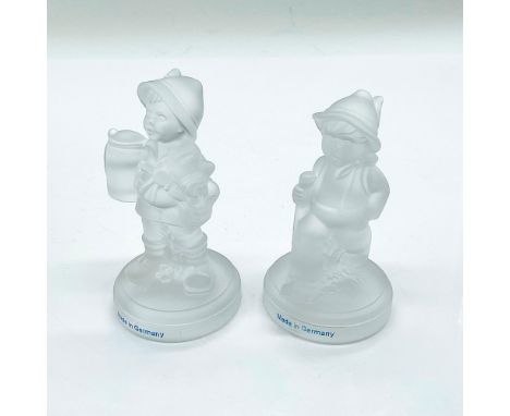 Pair of frosted crystal Hummel figurines, hiker with walking stick and the other with a stein and turnips. Goebel backstamp. 