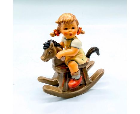 Hand painted girl on a rocking horse. Goebel backstamp. Impressed mark 2021. Issued: 2002Dimensions: 3.5"L x 2.5"W x 4.25"HMa