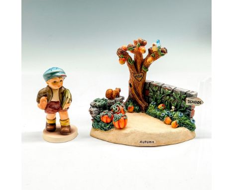 Indications of fall, pumpkins, fence and apple tree with little boy headed for school. Hand painted with light glaze and fall