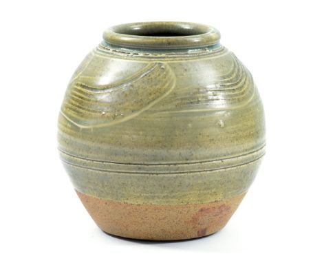 JIM MALONE (born 1946); a stoneware globular vase partially covered in green ash glaze with incised decoration, impressed JM 