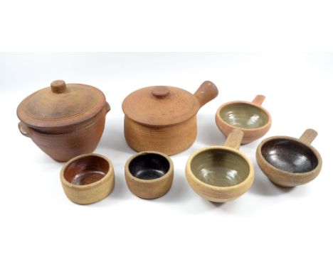Leach Pottery; two stoneware casseroles, three soups and two ramekins, impressed pottery marks, largest casserole diameter 16