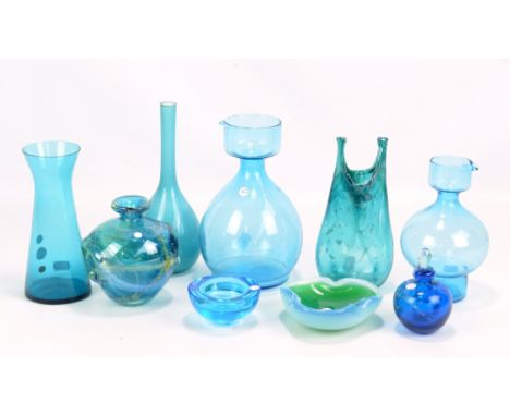 MDINA; a turquoise lobed vase and scent bottle with stopper, further turquoise/blue art glass comprising hand blown vase sign