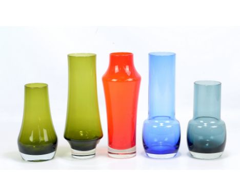 RIIHIMAKI; five variously coloured glass vases, the three taller all height 15.5cm (5).Additional InformationThe smaller gree