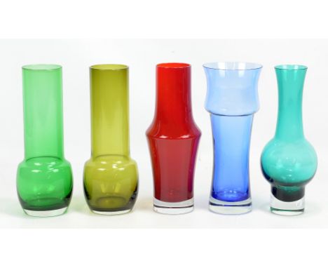 RIIHIMAKI; five variously coloured glass vases, each height 25cm (5).Additional InformationThe blue example with surface abra