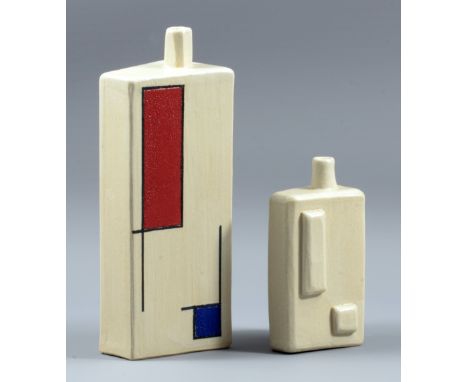 DAVID GRIFFIN; a two-piece stoneware sculpture, applied decoration and blocks of colour, impressed DG marks, tallest height 2