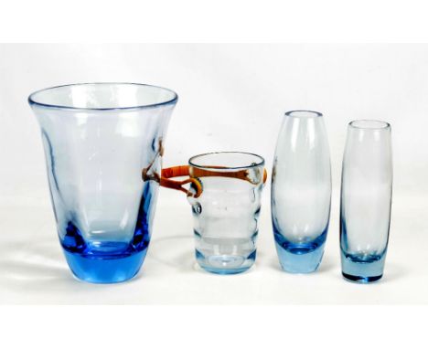 PER LUTKEN FOR HOLMEGAARD; two ice blue glass vases, both with monogram to bases, height of slightly taller 12.8cm, a Holmega