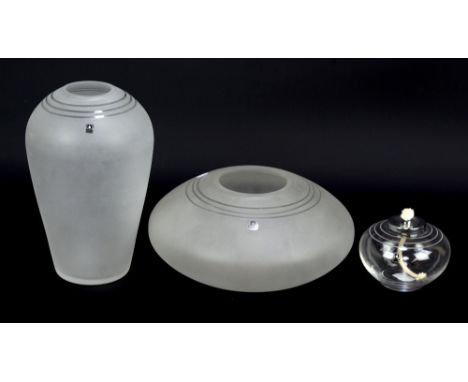 GUNILLA LINDAHL FOR PUKEBERG; three pieces of 'Opal' glass comprising tapered vase, height 20cm, oil lamp and squat circular 