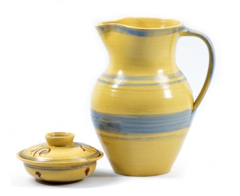 Kingwood Pottery; a stoneware jug decorated with bands of blue on a pale yellow ground, impressed pottery mark, height 20cm, 