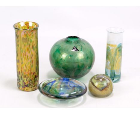 ISLE OF WIGHT; five pieces of art glass comprising 'Azurene' green globular vase with original label, height 11.3cm, 'Golden 