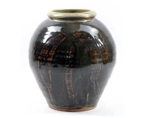 JIM MALONE (born 1946); a stoneware collared vase covered in tenmoku glaze with khaki decoration, incised JM and A for Ainsta