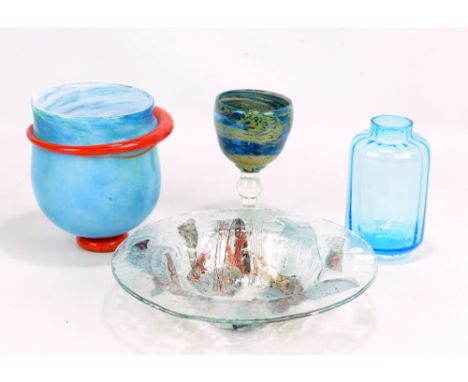 Four pieces of art glass comprising a fused bowl by Tiziana Bendell-Brunello, diameter 26.2cm, a turquoise and clear glass go