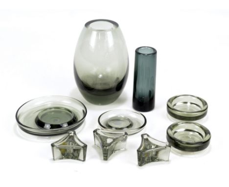 PER LUTKEN FOR HOLMEGAARD; seven pieces of grey smoked glass tableware comprising vase, height 16cm, three candle holders (bo