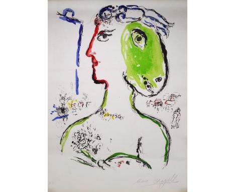 AFTER MARC CHAGALL; coloured print, abstract figure study, bearing signature and inscribed 'H.C', 70 x 49cm, framed and glaze