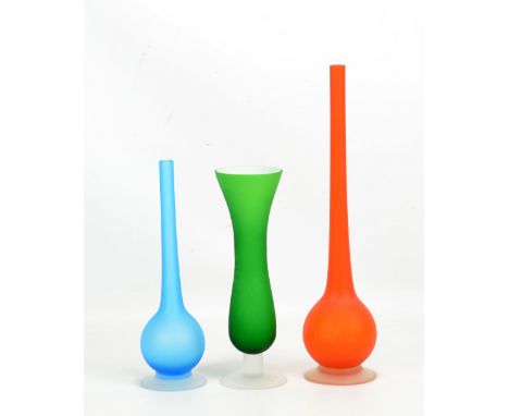 CARLO MORETTI; three Murano 'Satinato' satin finish vases in orange, blue and green over white and all on opaque spreading ci