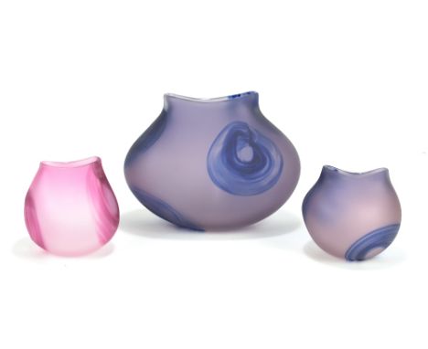 SARAH CABLE; three 'Hula' vases, the largest in amethyst and height 21cm, the two smaller in amethyst and pink and height 13c